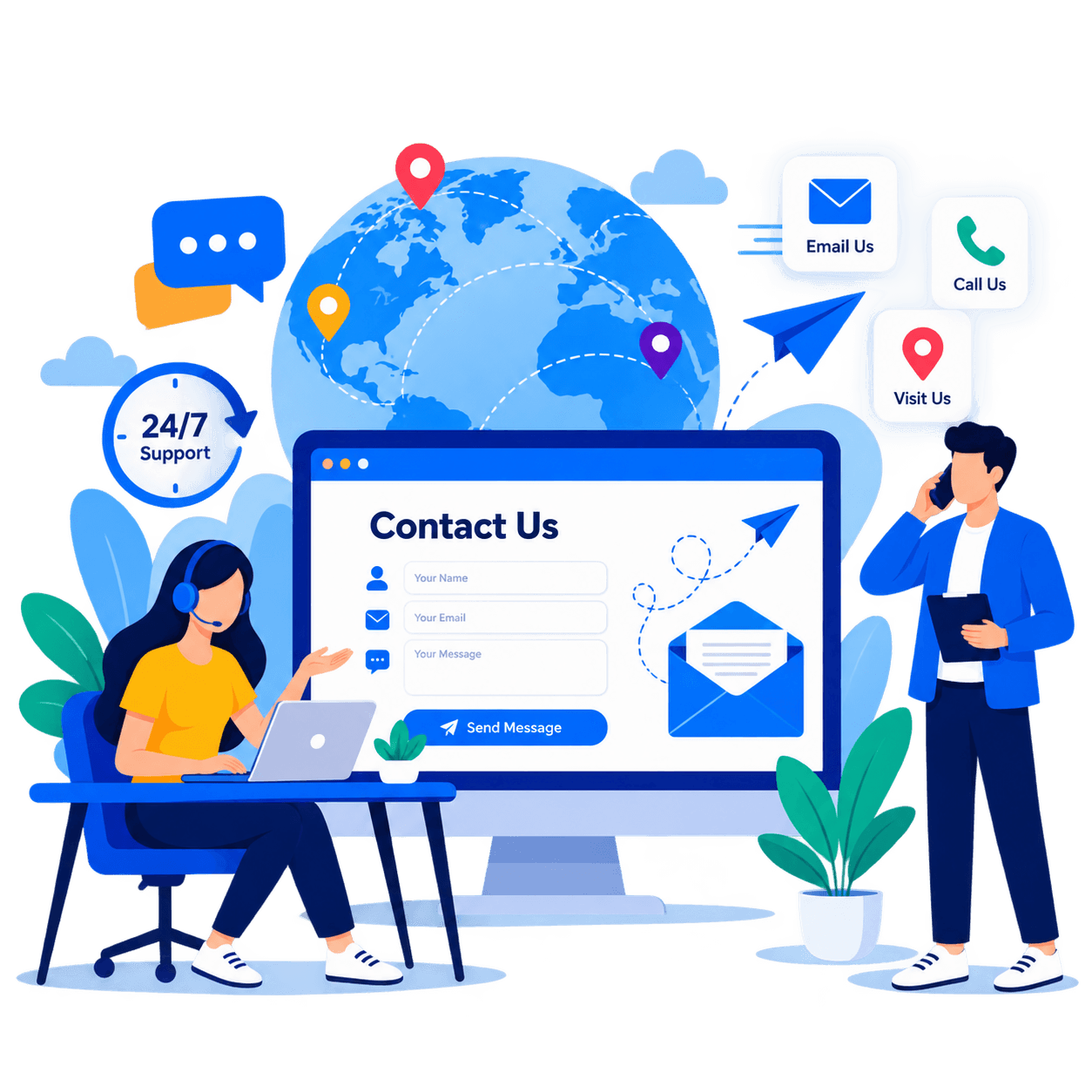 Illustration of a customer support team offering help via email, phone, and live chat