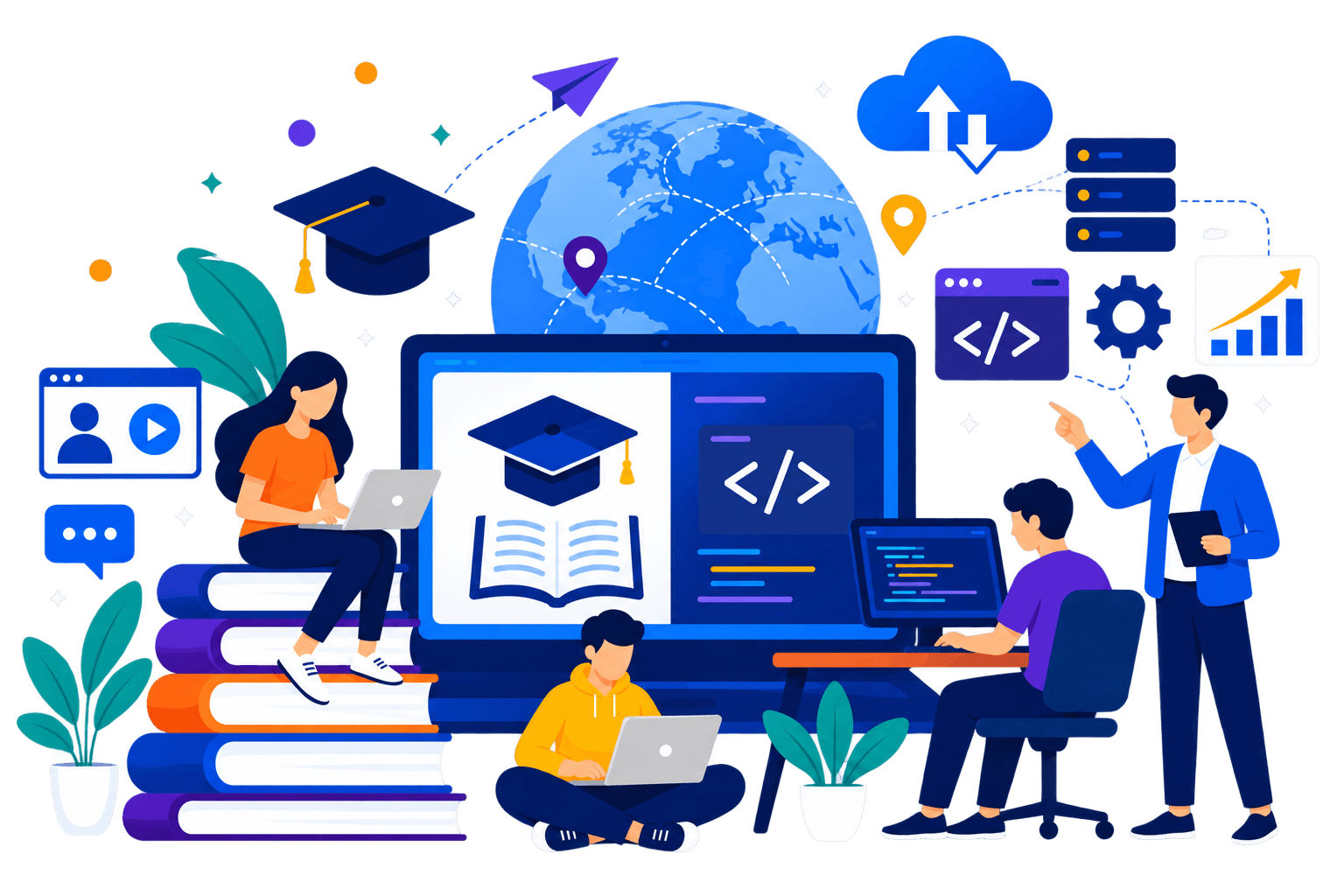 Illustration of students and IT professionals collaborating on e-learning, software development, and cloud technology