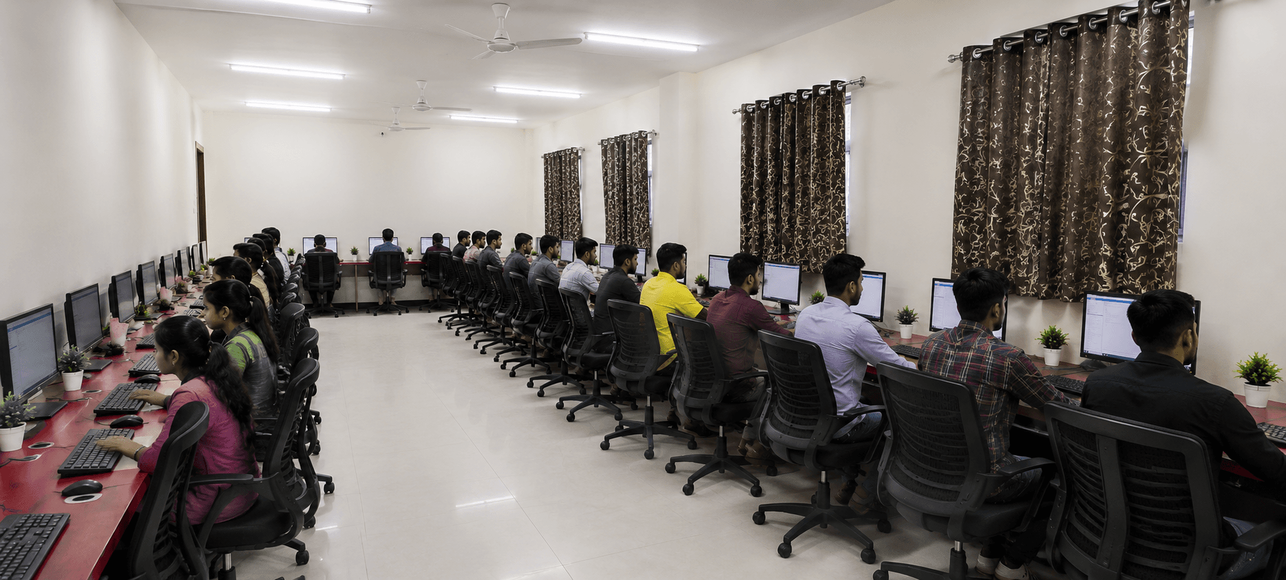 Students training on computers in an IEITS IT lab, reflecting our combined focus on education and information technology